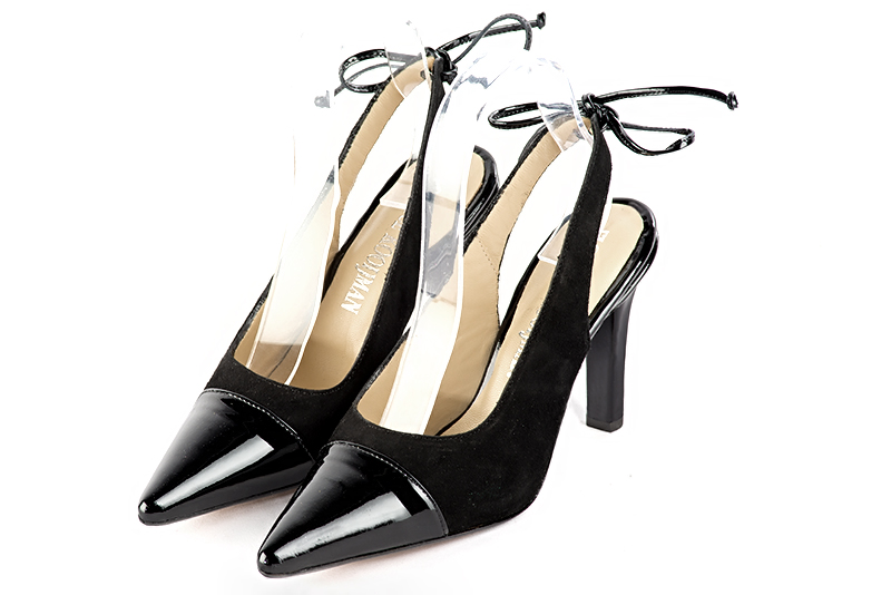 Gloss black women's slingback shoes. Pointed toe. High slim heel. Front view - Florence KOOIJMAN